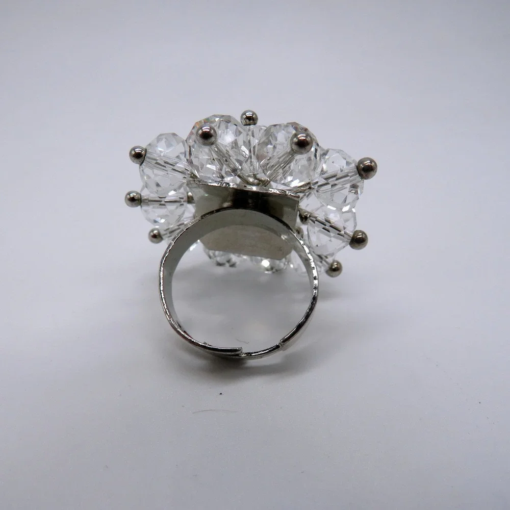 Vintage Style Clear Crystal Bead Cluster Cocktail Ring Silver Tone Size 6 Adj
